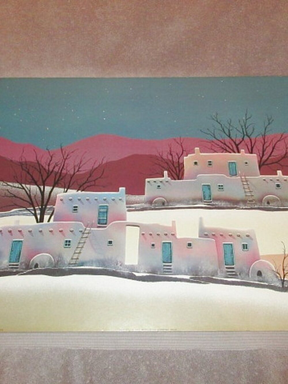 Vtg 90s Dorothy Drum Southwest Moon Original Art Print Adobe Night Village 7309